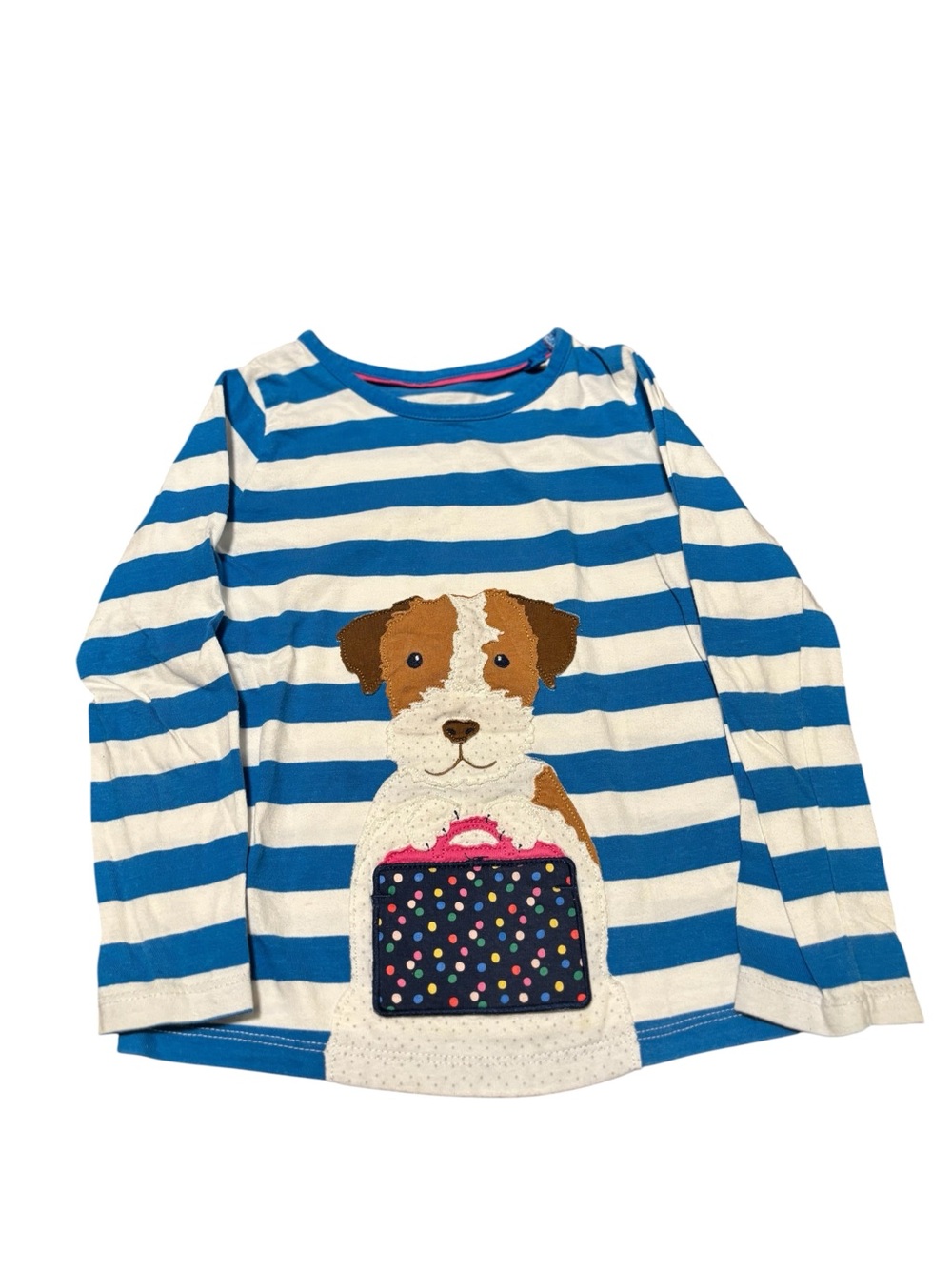 Mini Boden, Size 5-6, Blue Striped shirt with puppy lift the flap